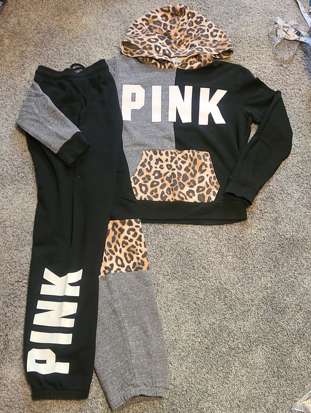 PINK Victoria's Secret Black & Gray Cheetah Trim Hoodie and Joggers Set